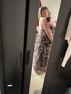 Strapless Bandeau Floral Maxi Dress in Black with Multicolor Print